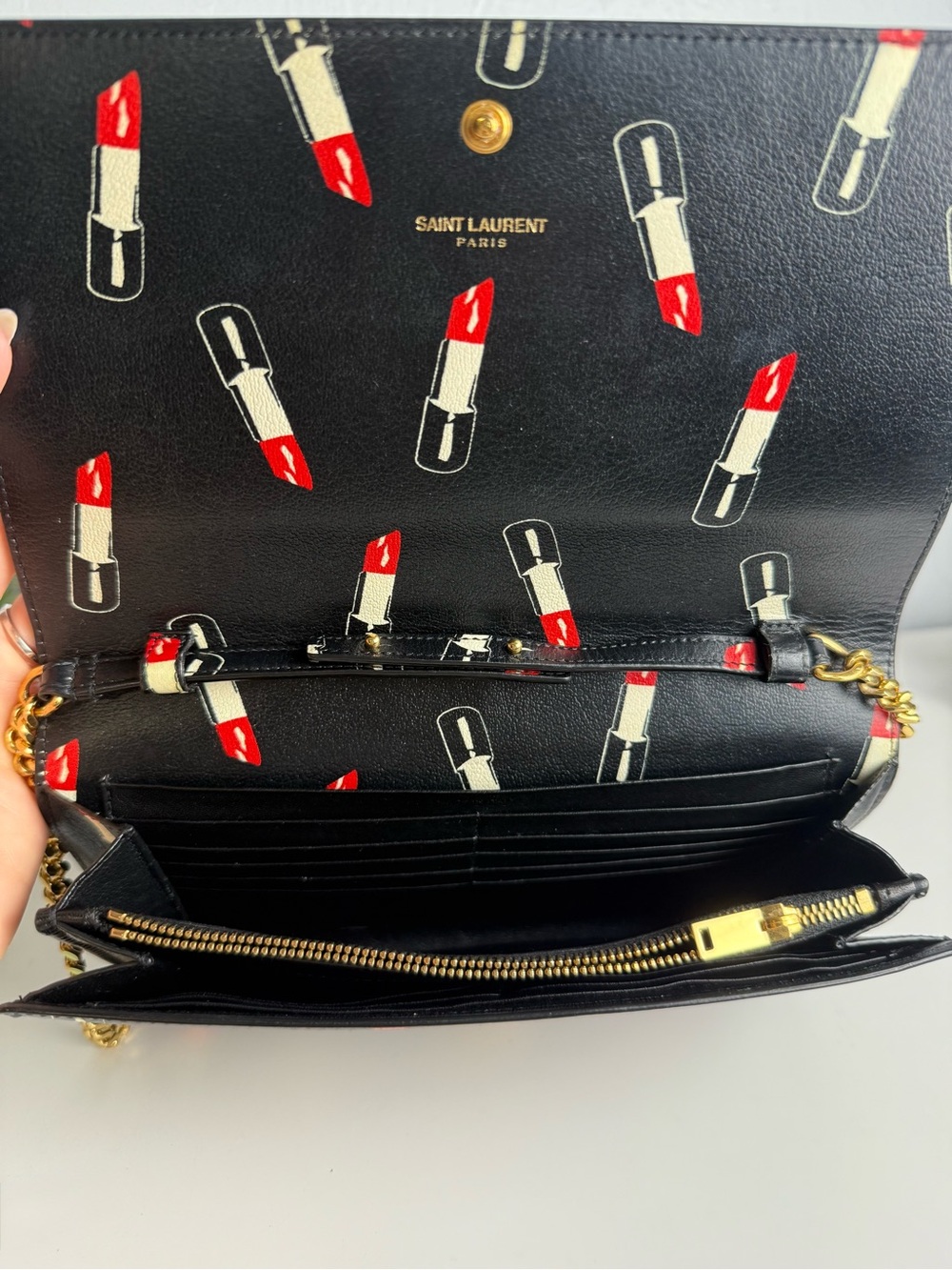 YSL Saint Laurent Black Leather Lipstick Wallet on Chain - Picture 10 of 12